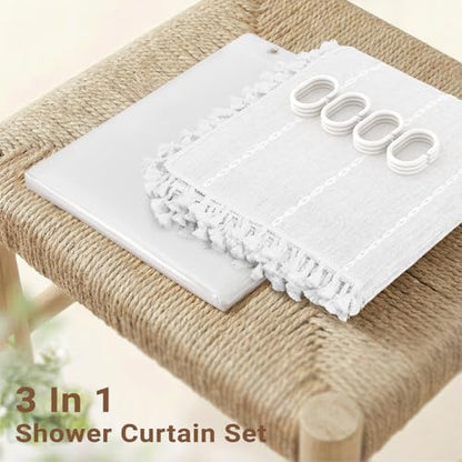 BTTN 3 in 1 Shower Curtain with Liner, 78 Inch Long Boho Linen Striped Cloth Shower Curtain Set with Hook, Farmhouse Bohemian Country Waterproof Fabric Shower Curtain for Bathroom, White, 72x78 - color: White With Liner, size: 72"W x 78"L (Pack of 1)