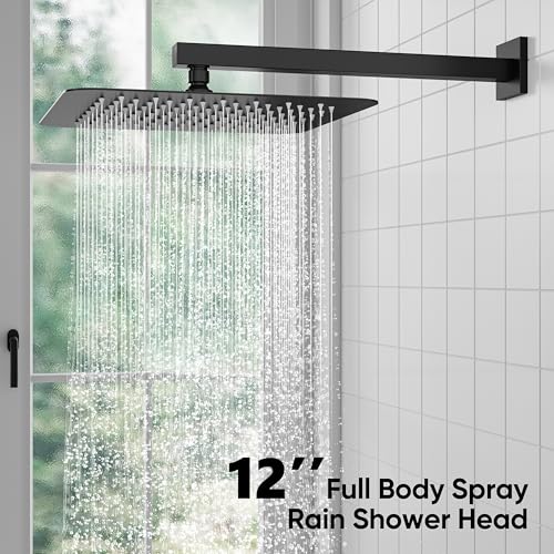 ESNBIA Black Shower Faucet Set, 12 Inches Rainfall Shower System with Rain Shower Head and Handle Set, All Metal Shower Fixtures with Pressure Balance Shower Valve, Matte Black - color: Matte Black, style: 12 Inches