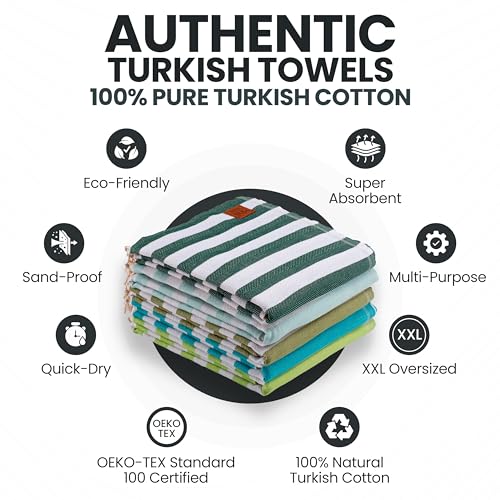 Gold CASE Turkish Beach Towel Set of 5 – 100% Cotton Beach Towels Oversized 70x38'' – MYRA Quick Dry Swim Towel – Lightweight Turkish Towels Set in Green - color: Tones of Green, size: Beach-Bath Towel Set of 5