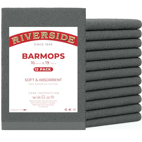 RIVERSIDE Bar Mop Towels Pack of 12, 16x19 Inches, 100% Ring Spun Cotton Terry Cloth Kitchen Towel, Highly Absorbent & Reusable Multipurpose Cleaning Rags for Bathroom, Hotel, Restaurant, Gray - color: Gray, size: Bar Mop (PK 12)