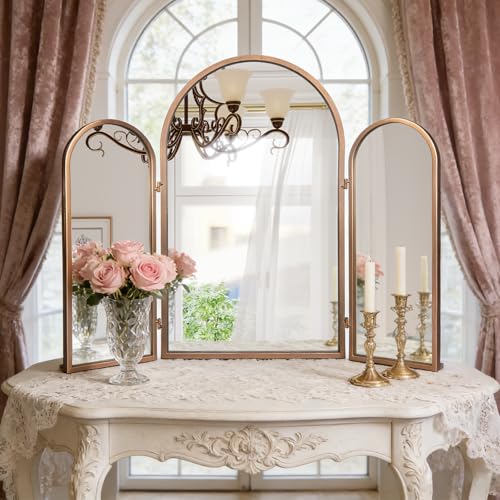 BAODANFU Vintage Gold Trifold Vanity Mirror, 3 Way Mirror for Makeup Room, Dressing Room, Bedroom, Bathroom - color: Antique Gold
