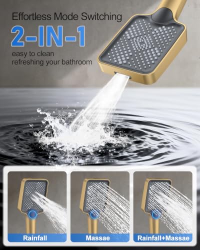Woindo 4 Function Shower Faucet Set 12" Rain Shower Head/6'' Side Shower Head and 3 Setting Handheld Ceiling Mount Push Button Diverter Complete Rainfall Round Shower System Included Valve Trim Kit - color: Brushed Gold, style: 4-Function-Ceiling