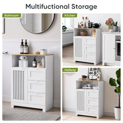 Smart FENDEE Bathroom Storage Cabinet with 3 Drawers, Floor Cabinet with Louvered Door, Freestanding Storage Unit for Bathroom, Kitchen, Living Room, White - size: 33.86" Small Floor Cabinet