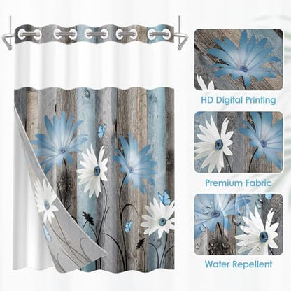 No Hook Shower Curtain with Snap in Liner 54x80 Inch Blue Daisy | Farmhouse Rustic Butterfly Modern Double Layers Waterproof Fabric with See Through Top Window Open Grommet Bath Curtain - color: Blue Retro Daisy, size: 54"W x 80"L (Pack of 1)