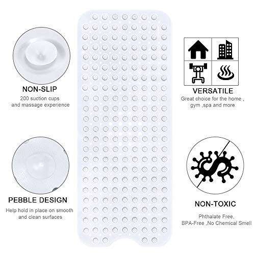 YINENN Bath and Shower Safety Mats 40x16 inch, Non Slip with Suction Cups for Bathroom Stall and Tub Floor, Extra Large and Machine Washable, Drain Holes Keep Bathtub Clean, White - color: White