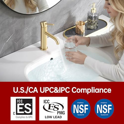 SUMERAIN Bathroom Sink Faucet Brushed Gold Single Handle Single Hole | Lead-Free, Stainless Steel, with Faucet Supply Lines, Easy DIY Install - color: Brushed Gold, size: Undermount Sink faucet