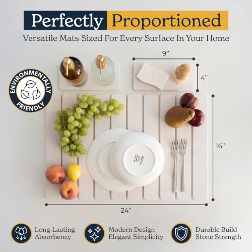 Oleex 3-Pack Stone Dish Drying Mat Set Includes 1 Large 24”x16” & 2 Small 4”x9” for Kitchen Counter-Collapsible Diatomaceous Earth Pad Absorbs Water & Dries Dishes Fast, Non-slip, Odor-Resistant Mats - color: White