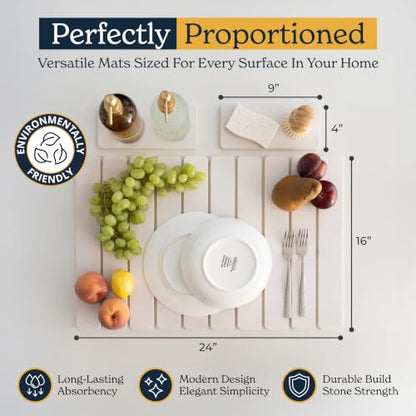 Oleex 3-Pack Stone Dish Drying Mat Set Includes 1 Large 24”x16” & 2 Small 4”x9” for Kitchen Counter-Collapsible Diatomaceous Earth Pad Absorbs Water & Dries Dishes Fast, Non-slip, Odor-Resistant Mats - color: White