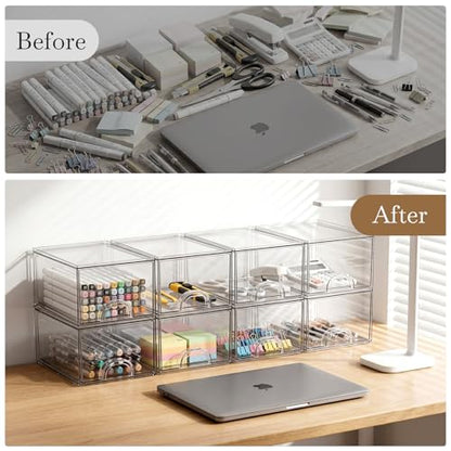 8 Pack Small Clear Stackable Acrylic Storage Boxes & Drawers | Storage Organizer, Clear Plastic Makeup Organizer, Ideal for Vanity, Cabinet, Desk Organization, Art Tool & Sketch