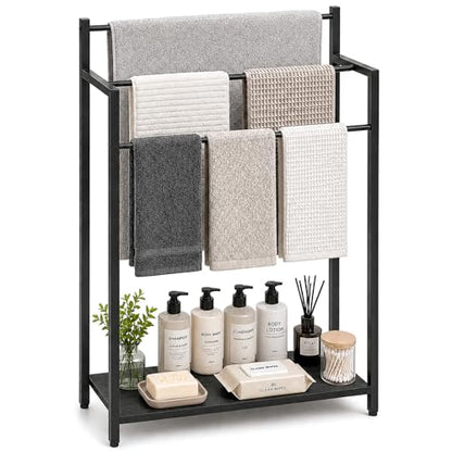 24.8" W Freestanding Towel Rack with Black Wood Shelf | 3 Tier Blanket Ladder Stand for Bathroom Living Room, Metal Frame - color: Black, size: 31.5" H x 24.8" W x7.9 D