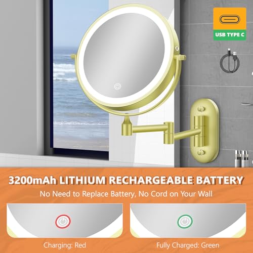 Auxmir 1X/30X Wall Mounted Makeup Mirror, 8" Rechargeable Magnifying Mirror | double-sided button, 3200mAh, 3 dimmable colors, 360° rotation, extended arm, 30X magnification, bathroom, gold - color: 8'' 30x-gold
