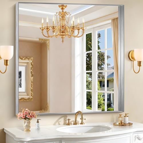 CIRCUMI Silver Bathroom Mirror, 42"x42" Rectangular Mirror for Vanity | Deep Metal Frame, Brushed Finish, Shatter proof, Tempered Glass, Installed Vertically/Horizontally, Mirror for Wall,Over Sink - color: Squared Corner Silver, size: 42"L x 42"W
