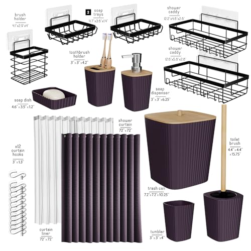 Clara Clark Bathroom Set, Shower Curtain Set and Shower Caddy Hanging | 25 Piece Purple Bathroom Accessories Set with Toothbrush Holder, Soap Dispenser, Soap Dish, Toilet Brush, and Trash Can - color: Purple, size: Complete Set + Shower Caddy