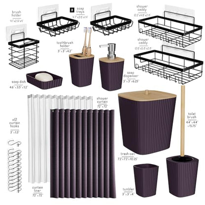 Clara Clark Bathroom Set, Shower Curtain Set and Shower Caddy Hanging | 25 Piece Purple Bathroom Accessories Set with Toothbrush Holder, Soap Dispenser, Soap Dish, Toilet Brush, and Trash Can - color: Purple, size: Complete Set + Shower Caddy