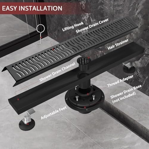 Linear Shower Drain, 28 inch Matte Black | Including Hair Catcher and Removable Grate, 304 Stainless Steel, Easy to Install and Clean (Drain Base Not Included) - color: Matte Black, size: 28 inch