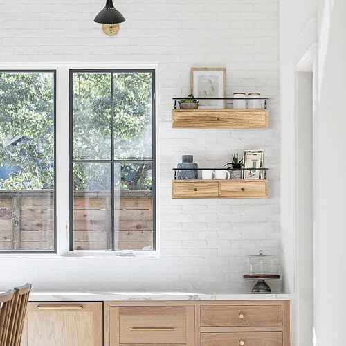 dreampossible 2-Pack Rustic Floating Shelves with Drawer, Wall Mounted Bathroom Shelf, 15.8 Inch Long, Brown Wood & Metal, 30 lbs Capacity - color: Brown, size: 15.8 Inch Long