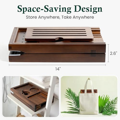 Teak Bathtub Tray Caddy, Adjustable Wood Bath Organizer | Rich Brown Wood Finish, Built-In Wine Glass Holder, Phone Dock & Book Stand, Water-Resistant Seal, Spa Design - color: Classic Brown Teak