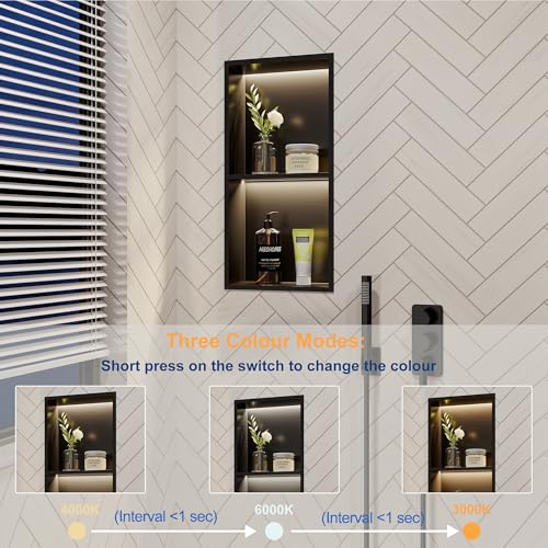 Matte Black 2-Tier 3 CCT LED Niche, 12"x24" No-Tile Shower Storage | shower niche with 3-Temperature LED Strip Light (4000K/6000K/3000K),Waterproof, Sturdy&Durable,304 Stainless Steel Wall Niche - color: Matte Black, size: 12X24In