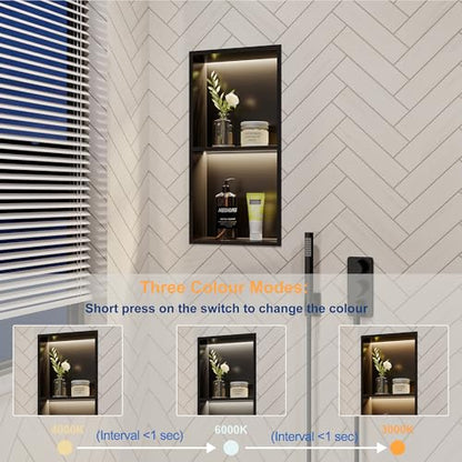 Matte Black 2-Tier 3 CCT LED Niche, 12"x24" No-Tile Shower Storage | shower niche with 3-Temperature LED Strip Light (4000K/6000K/3000K),Waterproof, Sturdy&Durable,304 Stainless Steel Wall Niche - color: Matte Black, size: 12X24In