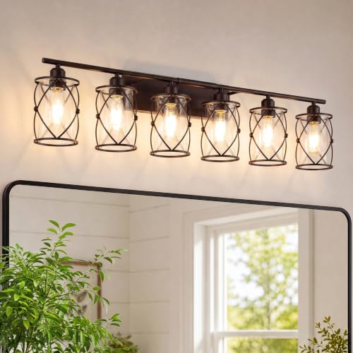 6-Light Oil Rubbed Bronze Bathroom Light Fixtures Over Mirror, 42" UL-Listed Modern Farmhouse Wall Sconce Lights with Clear Glass and Metal Cage for Bath, Hardwire E26, CH9176ORB-6W - color: Bronze + Clear Glass, size: 6-Light, 42" L