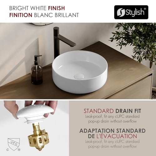 Stylish 14-1/8" White Round Vessel Bathroom Sink, Glossy Porcelain Bowl with Slim Edge, Above-Counter Installation, High-Gloss Finish Set of 2, P-229H-2 - style: 14-1/8" White Round Vessel set 2