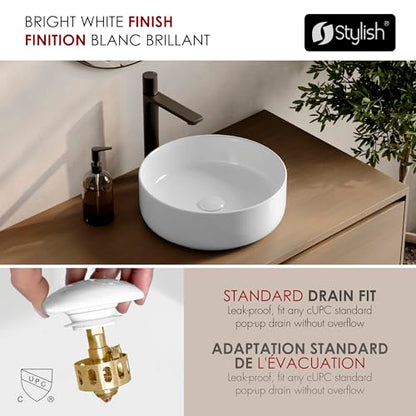Stylish 14-1/8" White Round Vessel Bathroom Sink, Glossy Porcelain Bowl with Slim Edge, Above-Counter Installation, High-Gloss Finish Set of 2, P-229H-2 - style: 14-1/8" White Round Vessel set 2