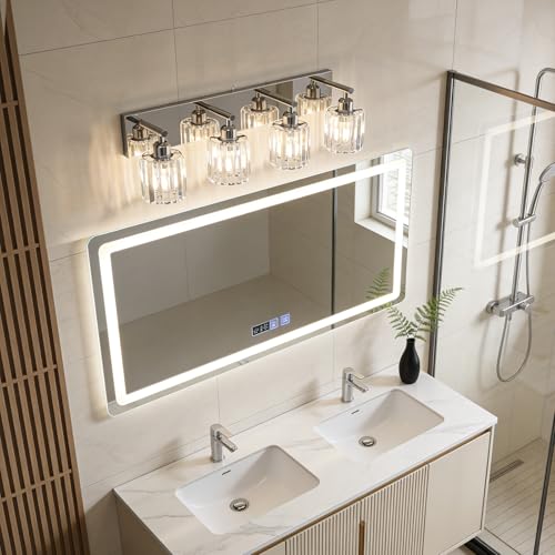 Brushed Chrome Crystal Bathroom Vanity Light, 4-Light Modern Bathroom Lighting Fixtures Over Mirror,Chrome Wall Sconce Light Fixtures with Round Shade - color: Chrome-Round Shade, size: 4-LIGHT