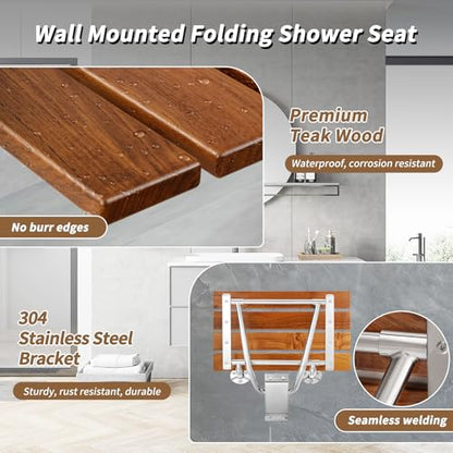 𝙐𝙥𝙜𝙧𝙖𝙙𝙚 28 Inch Folding Shower Seat Wall Mounted, Teak Wood Shower Seat with Stainless Steel Bracket & Finish Cap, 550lb Capacity, for Elderly, Disabled, Pregnant Women, Kids - size: 28 inches seat