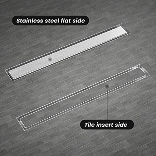 EXF Linear Shower Drain 30 Inch Brushed Nickel withTile Insert Grate | 304 Stainless Steel, V-Slope Design, Debris Strainer, Seamless, Adjustable Height - color: Brushed Steel, size: 30 IN