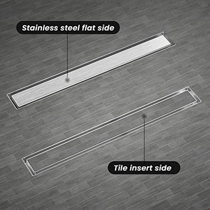EXF Linear Shower Drain 30 Inch Brushed Nickel withTile Insert Grate | 304 Stainless Steel, V-Slope Design, Debris Strainer, Seamless, Adjustable Height - color: Brushed Steel, size: 30 IN