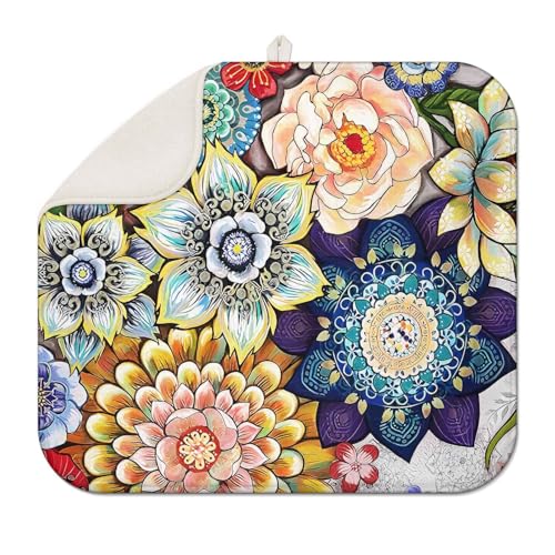 Classic Boho Floral Counter Dish Drying Mat, 16x18, Stone Style Kitchen Pad | Quick-dry microfiber pad catches water, cushioned non-slip base protects counters, compact mat stores easily for daily use - color: Flower 03, size: 16" x 18"