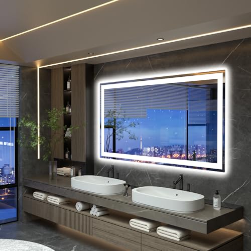 55"x 30" LED Bathroom Mirror with Lights, Double Lighting Sources Dimmable, Anti-Fog Vanity Mirror with Lights, Lighted Bathroom Vanity Mirror for Wall Tempered Glass (Horizontal/Vertical) | Front & Backlit, Memory Function, HD Tempered Glass Vanity Mirro