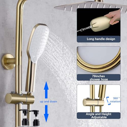 SonTiy Rain Shower Head System with Handheld Spray, 360° Adjustable Shower Arm Exposed Showerhead Kit with Caddy for Whole Family, Brushed Gold - color: Brushed Gold, style: 2.5 Gallons Per Minute-Square