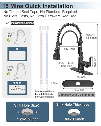 3 Modes Bronze Kitchen Faucet with Pull Down Sprayer, Single Hole Kitchen Sink Faucet 3 Hole, Stainless Steel High Arc Spring Style, 360 Degree Swivel with One Handle & Deck Plate for Farmhouse - color: Oil Rubbed Bronze - Antique