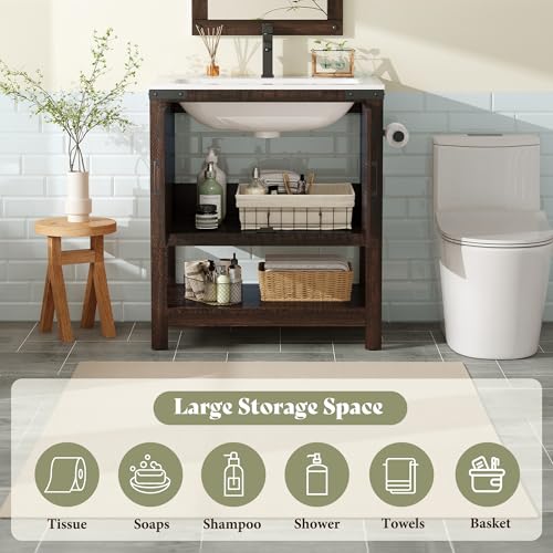 AMERLIFE 24" Brown Farmhouse Bathroom Vanity with Sink and Open Shelf | Rustic Brown, Single Solid White Integrated Top, Moisture-Resistant MDF, Barn Doors, Open Shelf, Paper Towel Holder - color: Rustic Brown, size: 24“