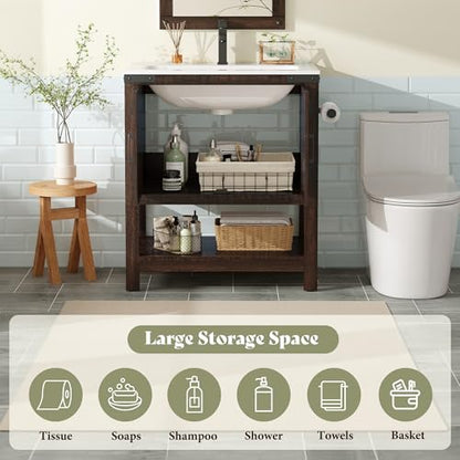 AMERLIFE 24" Brown Farmhouse Bathroom Vanity with Sink and Open Shelf | Rustic Brown, Single Solid White Integrated Top, Moisture-Resistant MDF, Barn Doors, Open Shelf, Paper Towel Holder - color: Rustic Brown, size: 24“
