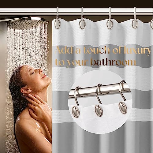 Brushed Nickel Shower Curtain Hooks, 12Pcs Heavy Duty Rustproof | Zinc alloy construction, 5mm wire, 50lb max load, smooth glide, tool-free install, fits standard rods, holds curtain & liner