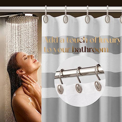 Brushed Nickel Shower Curtain Hooks, 12Pcs Heavy Duty Rustproof | Zinc alloy construction, 5mm wire, 50lb max load, smooth glide, tool-free install, fits standard rods, holds curtain & liner