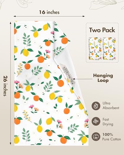 2pcs Cotton Waffle Kitchen Towels, Citrus | Waffle Weave, Terry Cloth, Pure Cotton, Sustainable, 16"x26", Highly Absorbent, with Hanging Loop, Giftable Package - color: Citrus