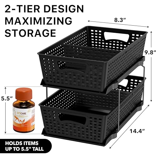 Simple Houseware 2 Tier Pull-Out Sliding Drawer Under Sink Storage, Black | Great for Kitchen Bathroom Tray Shelf Organizer - color: Black