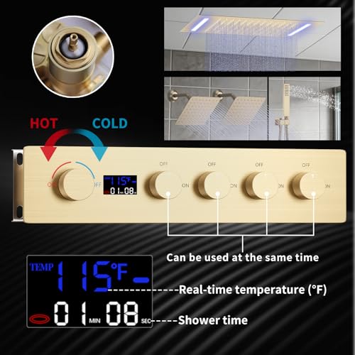 Shower Faucet Set Ceiling 20x14 inch LED Shower Head, Temperature Display Thermostatic Shower Valve, and Two 8-inch Wall Mounted Shower Heads Handheld Combination (Brushed Gold) - color: Brushed Gold