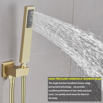 ‎Brushed Gold Shower System Bathroom 12 Inch Rain Shower Head Ceiling Mount with Handheld Luxury High Pressure Shower Combo Set Shower Faucet Rough-in Valve Body and Trim Kit - color: Brushed Gold, size: 12 Inch