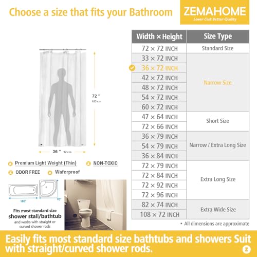 ZEMAHOME Narrow Size Clear Plastic Shower Curtain Liner, 36x72 Inch Thin Lightweight Transparent Plastic Bathroom Shower Showroom Inner Curtain with Rustproof Metal Grommet Holes and Weighted Magnets - color: A01-clear, size: 36"W x 72"L (Pack of 1)