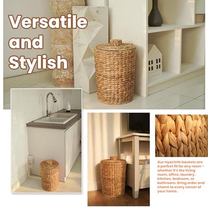 Tidita Wicker Waste Basket with Lid, 4 Gallon Water Hyacinth Trash Can | Iron Frame, Removable Liner, Handwoven Design, Space-Saving, No Assembly, Boho Style, Multi-Purpose Storage, Bedroom & Office - color: Natural, size: 4 Gallons
