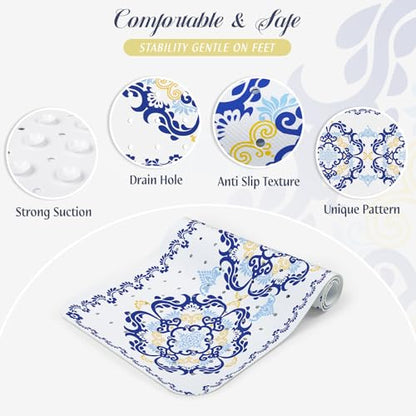 SHUCHING Blue Bath Mat for Tub Non Slip-40x16 Inch, Boho | Bathtub Mat for Elderly Mold Free, Long Shower Mat for Inside Shower with Suction Cup, Machine Washable - color: Blue Flower