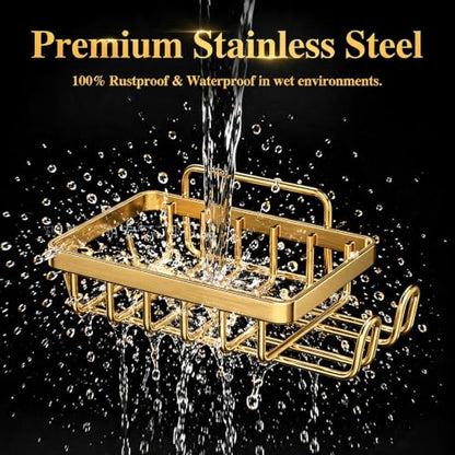 Snailhouse Soap Dish for Shower, Wall Adhesive Self Draining Hanging Stainless Steel Bathroom Bathtub Bar Soap Holder Tray Caddy with Hooks, Gold