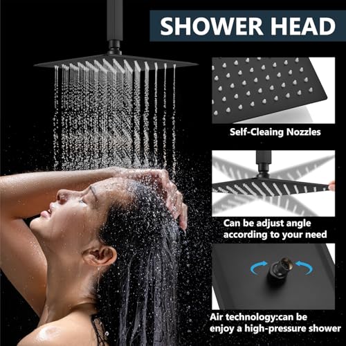 Aolemi Ceiling Shower Faucet with Handheld 8 Inch Head Matte Black | Shower Valve and Trim Kit,SUS304 Rain Head and Handle Set System,All Metal,Bathroom, Handheld Spray - color: Black, size: 8 Inch Ceiling Shower Head