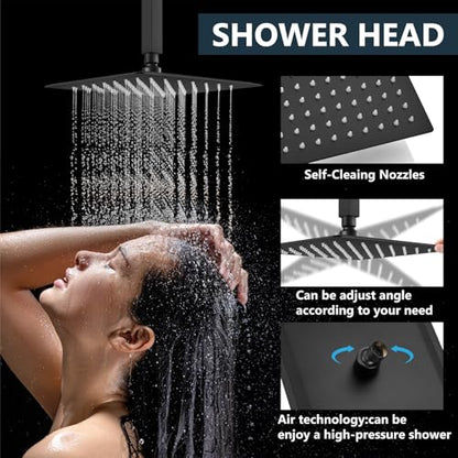 Aolemi Ceiling Shower Faucet with Handheld 8 Inch Head Matte Black | Shower Valve and Trim Kit,SUS304 Rain Head and Handle Set System,All Metal,Bathroom, Handheld Spray - color: Black, size: 8 Inch Ceiling Shower Head