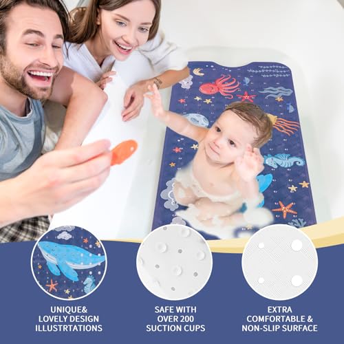 PRATIQUE Kids Bath Mat for Tub Non Slip，40 X 16 Inch Extra Long Kids Bathtub Mat Ocean Bathtub Shower Mat Safety Anti Slip with Suction Cups and Drain Holes, Machine Washable(Dark Bule Whale) - color: Bule