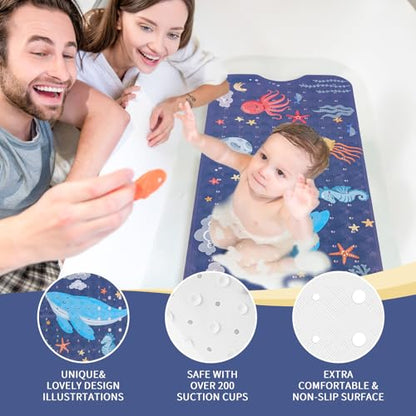 PRATIQUE Kids Bath Mat for Tub Non Slip，40 X 16 Inch Extra Long Kids Bathtub Mat Ocean Bathtub Shower Mat Safety Anti Slip with Suction Cups and Drain Holes, Machine Washable(Dark Bule Whale) - color: Bule
